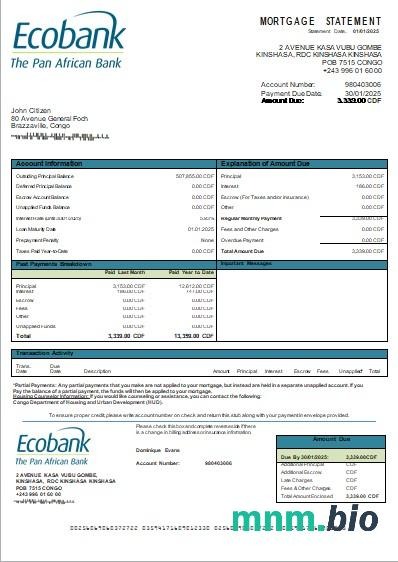 Kongo Bank Ecobank wyciąg z kredytu hipotecznego szablon Word i PDF